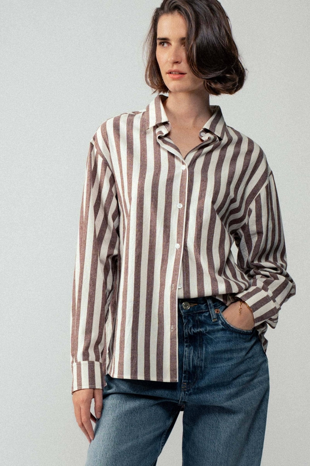 Urban Daizy "Outlaw" Western Striped Button-Down Collared Shirt — Brown & Olive 100% Cotton Oversized Fit