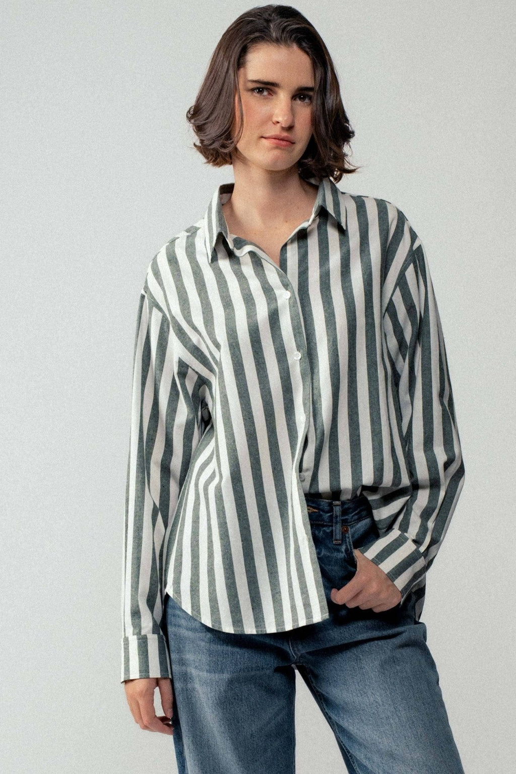 Urban Daizy "Outlaw" Western Striped Button-Down Collared Shirt — Brown & Olive 100% Cotton Oversized Fit