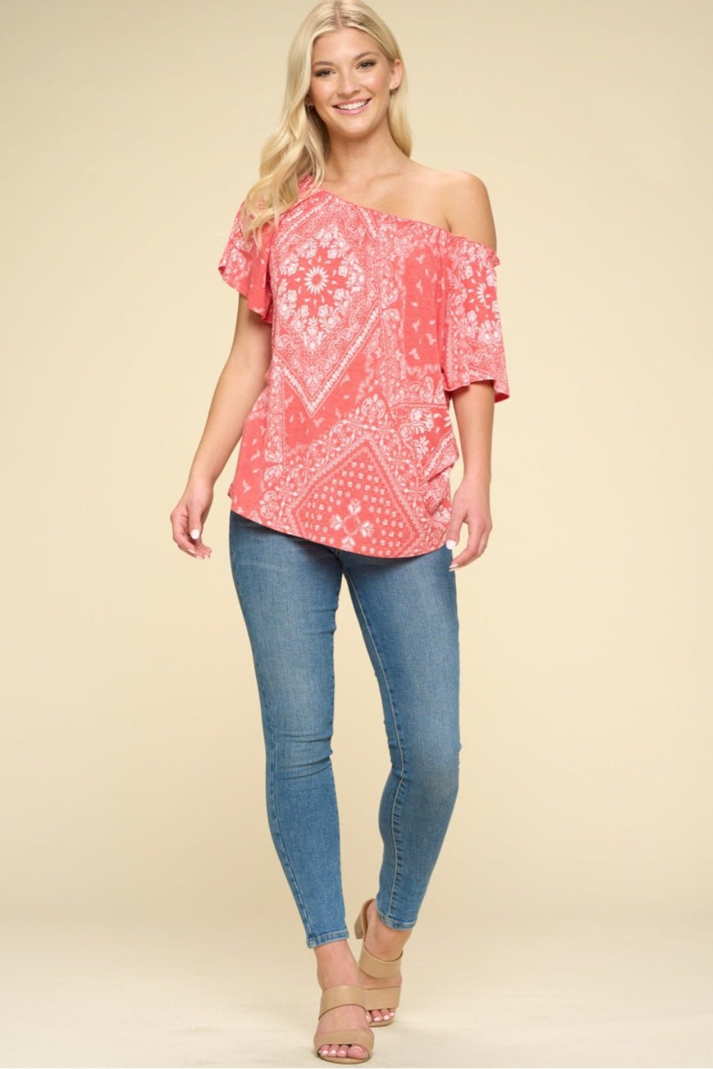 Oddi Paisley Printed Boat Neckline Western Top — Ruffled Short Dolman Sleeves Feminine Layering Piece
