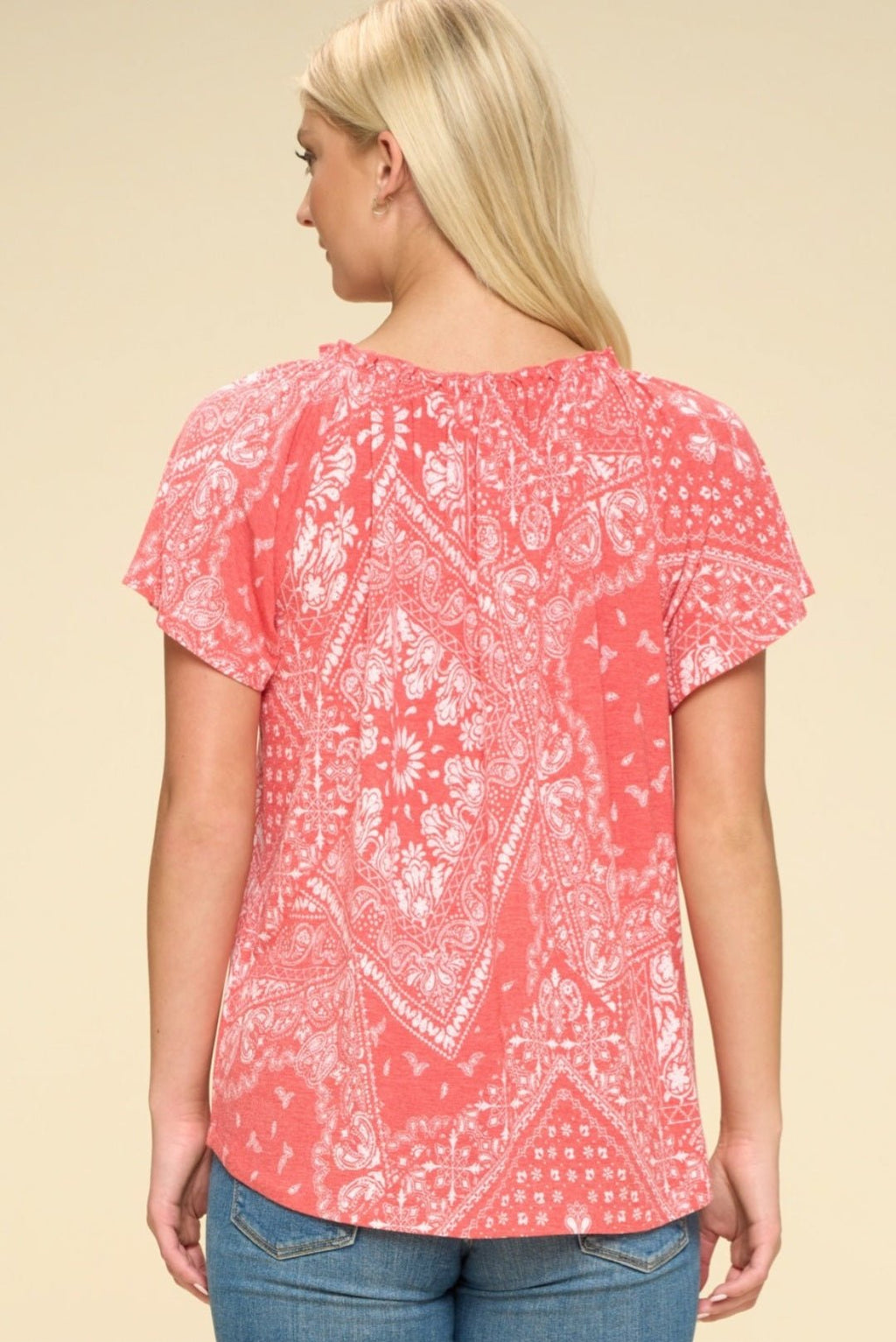 Oddi Paisley Printed Boat Neckline Western Top — Ruffled Short Dolman Sleeves Feminine Layering Piece