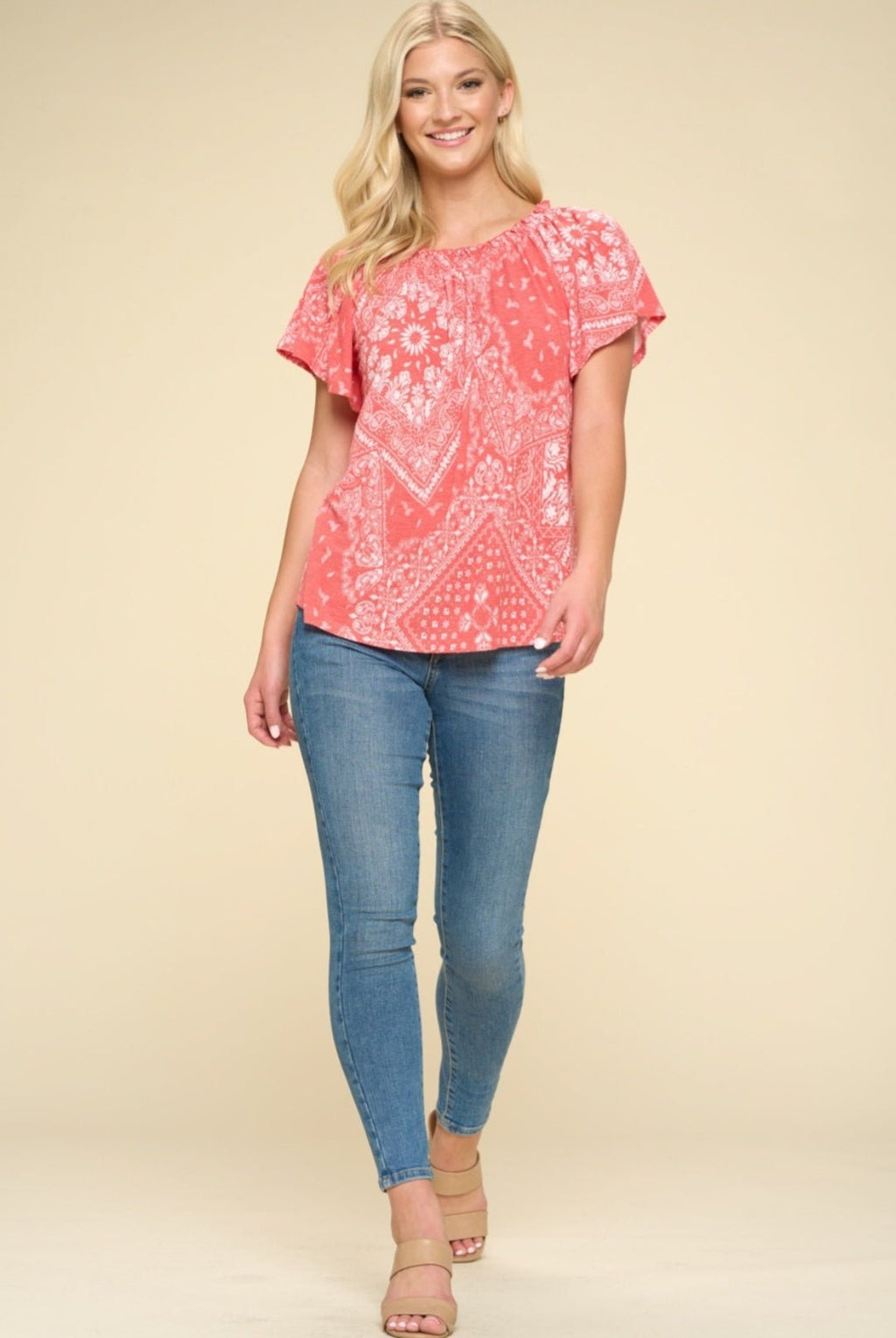 Oddi Paisley Printed Boat Neckline Western Top — Ruffled Short Dolman Sleeves Feminine Layering Piece