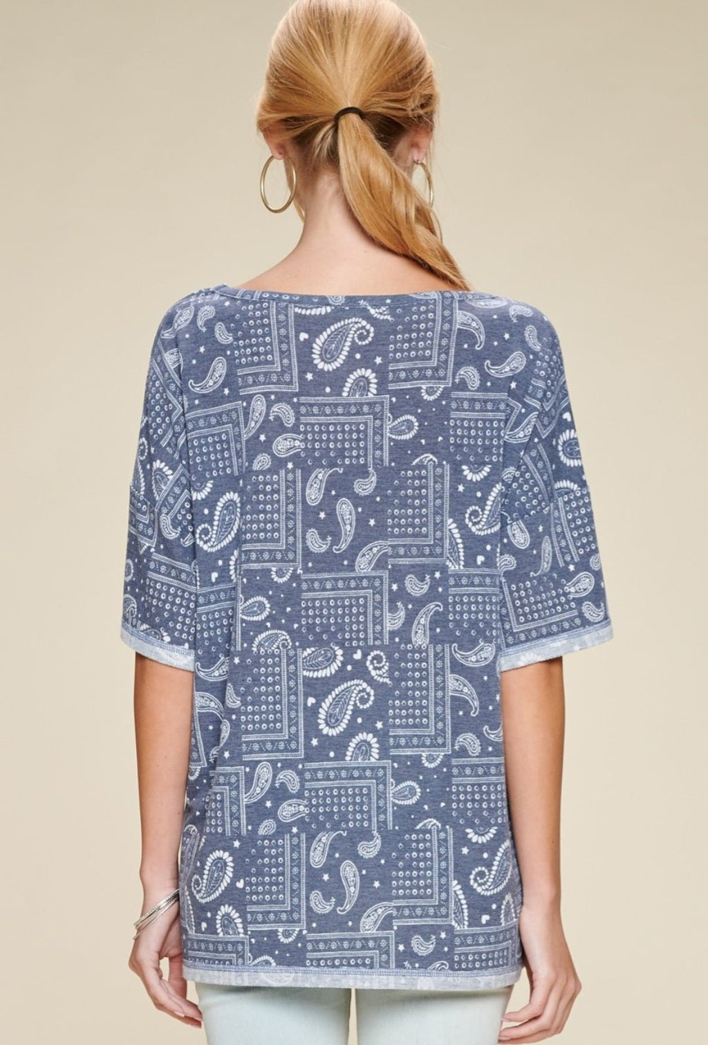 Oddi Paisley Printed French Terry Knit Western Top — Dark Navy V-Neck with Hi-Low Hem