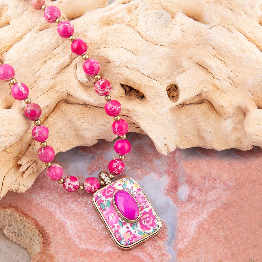Pink Agate Stacked Stone Floral Pendant Necklace