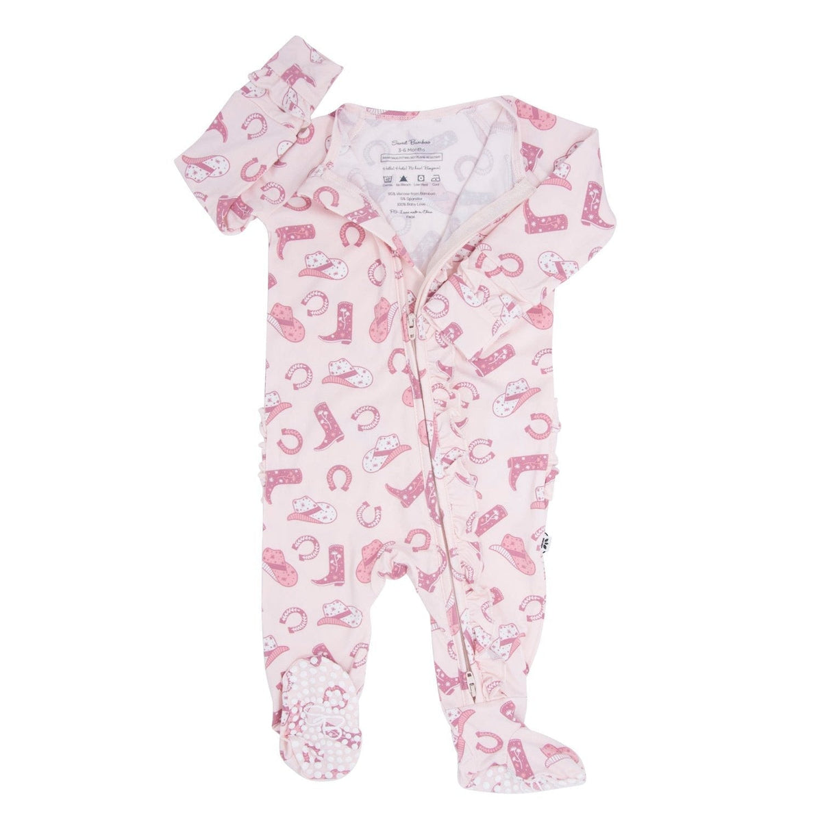 Pink Western Boots Ruffle Baby Footie - Quarter Circle AK Boutique