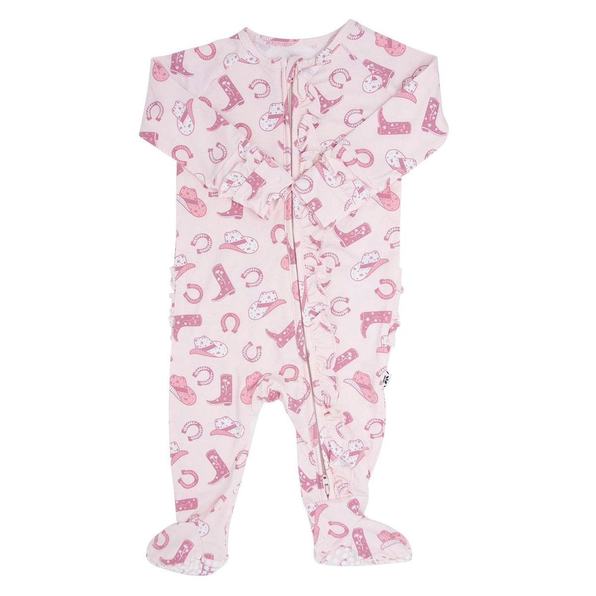 Pink Western Boots Ruffle Baby Footie - Quarter Circle AK Boutique