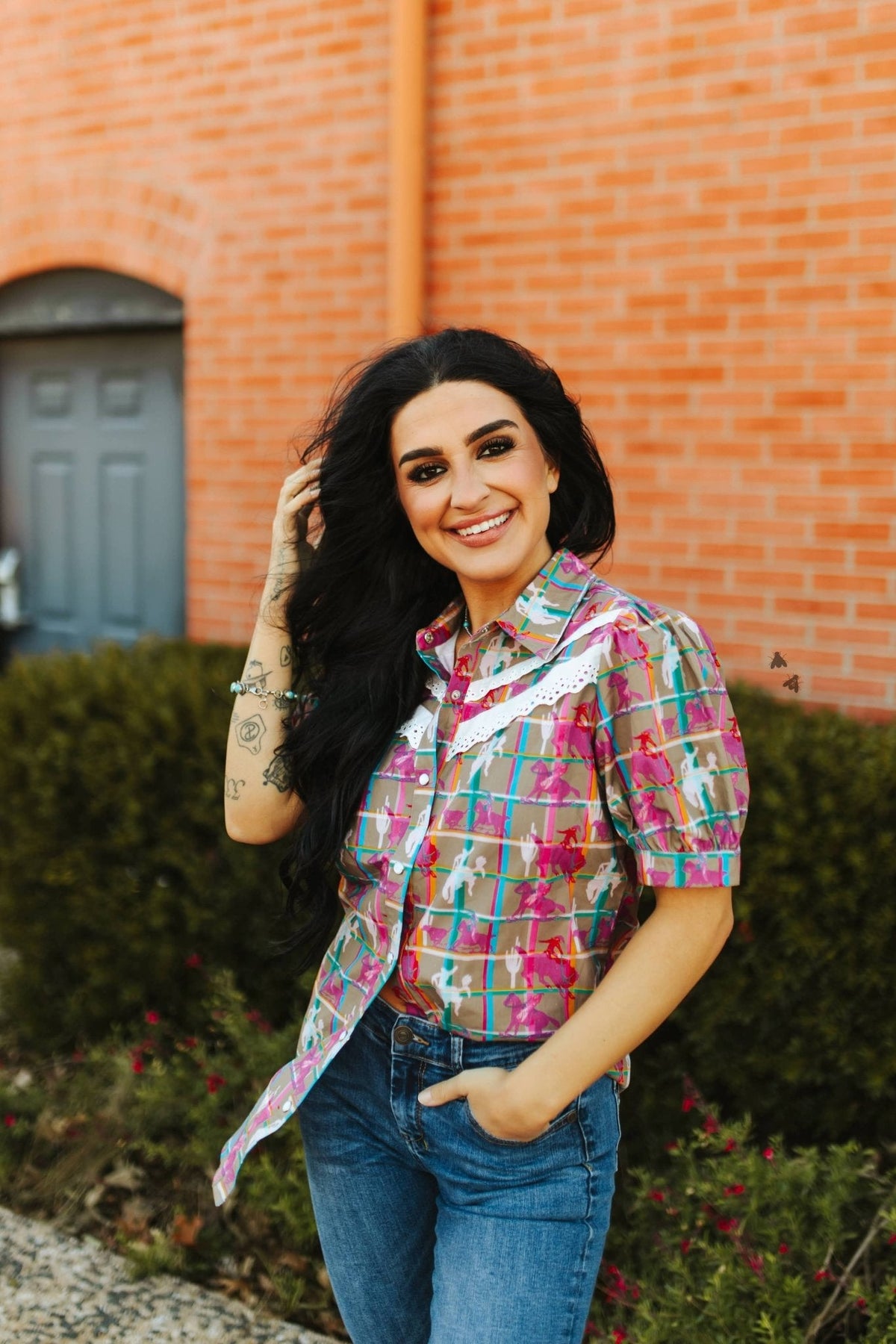 2 Fly Co "Plaid Posse" Western Top — Multi-Color Plaid with Lace Detail Comfortable Statement Piece