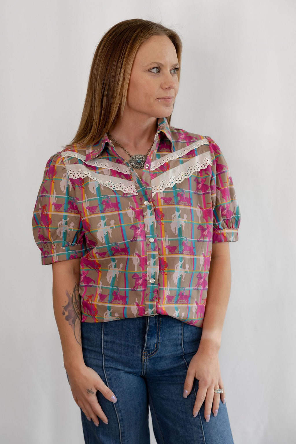 2 Fly Co "Plaid Posse" Western Top — Multi-Color Plaid with Lace Detail Comfortable Statement Piece