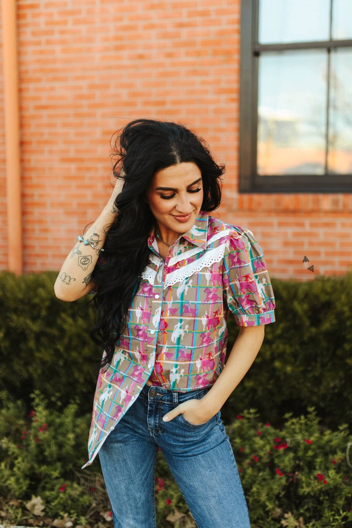 2 Fly Co "Plaid Posse" Western Top — Multi-Color Plaid with Lace Detail Comfortable Statement Piece