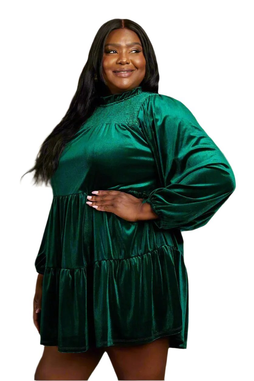 Plus Size 1XL Green Velvet Tiered Mini Dress - Quarter Circle AK Boutique