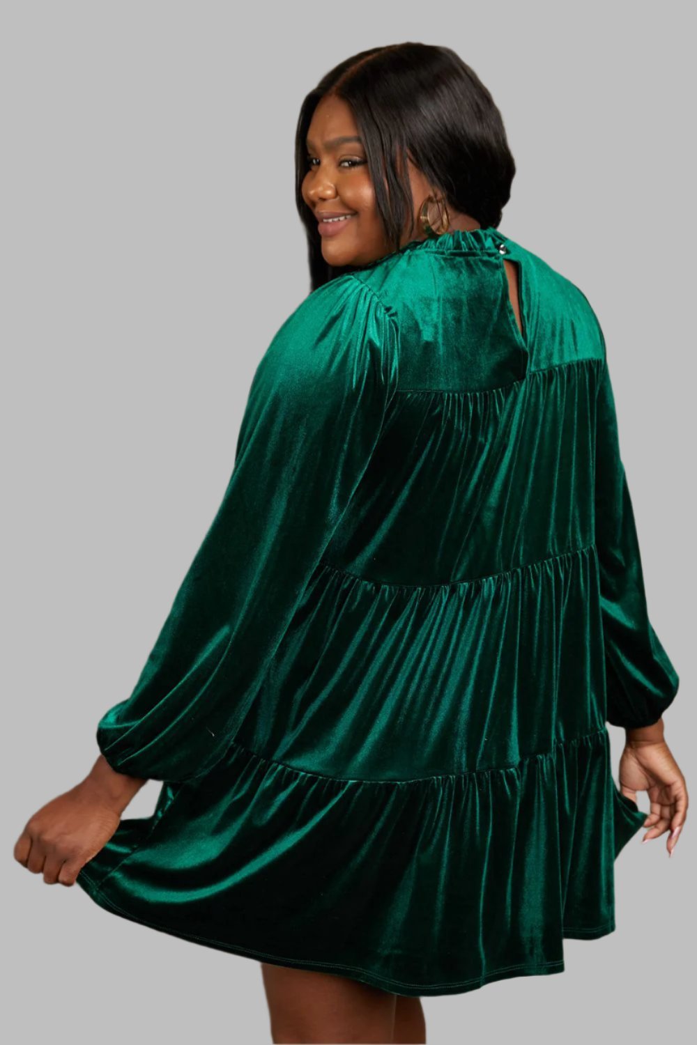 Plus Size 1XL Green Velvet Tiered Mini Dress - Quarter Circle AK Boutique
