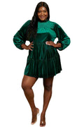 Plus Size 1XL Green Velvet Tiered Mini Dress - Quarter Circle AK Boutique