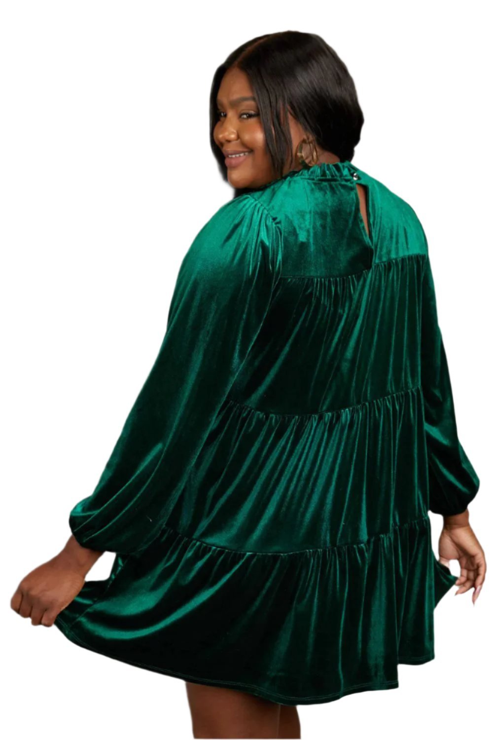 Plus Size 1XL Green Velvet Tiered Mini Dress - Quarter Circle AK Boutique