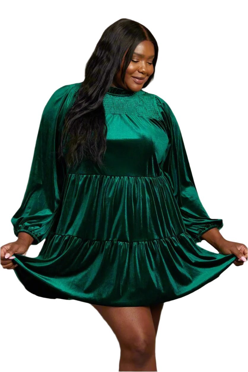 Plus Size 1XL Green Velvet Tiered Mini Dress - Quarter Circle AK Boutique