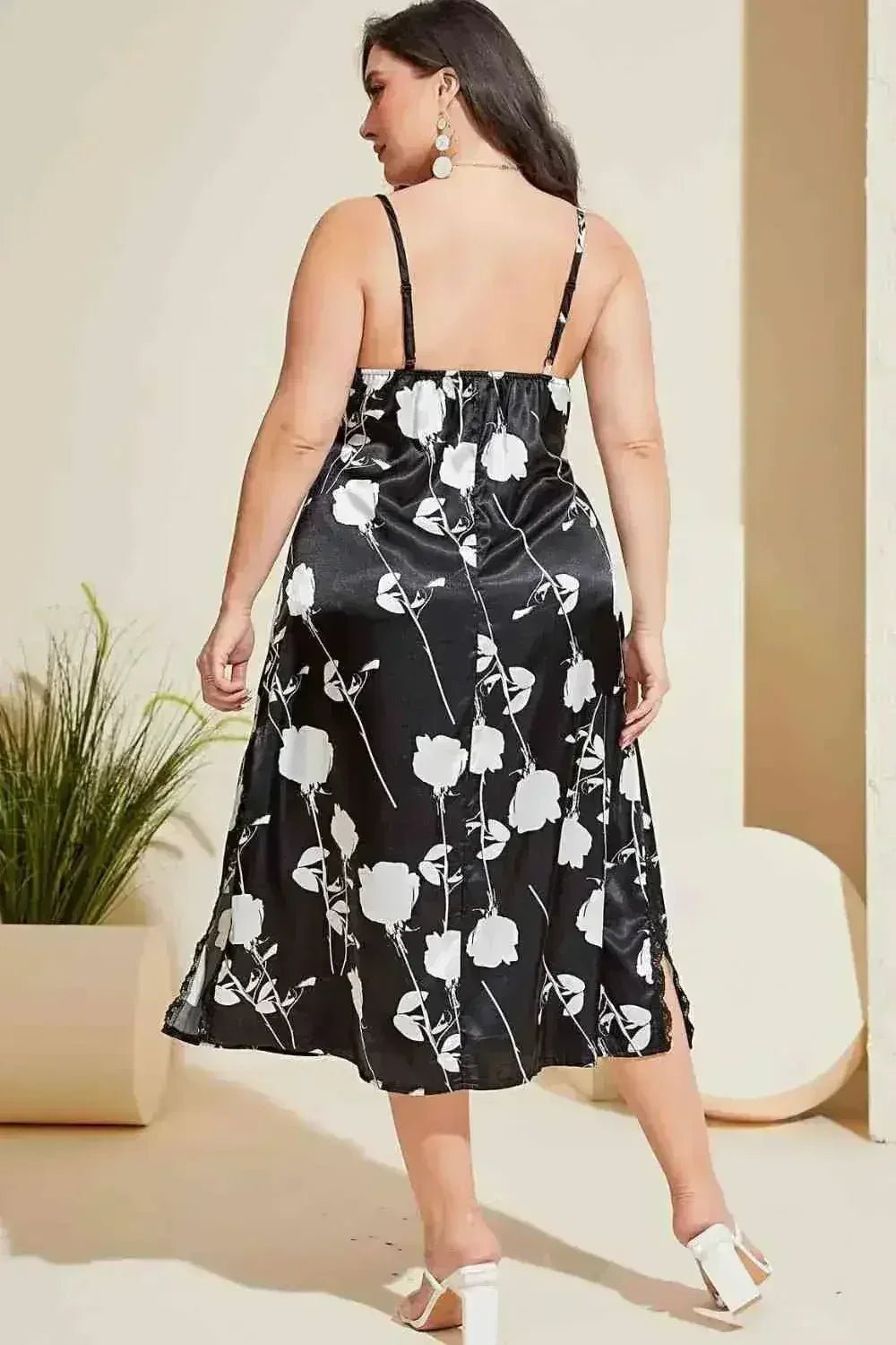 Plus Size Floral Lace Trim Side Slit Night Dress - Quarter Circle AK Boutique