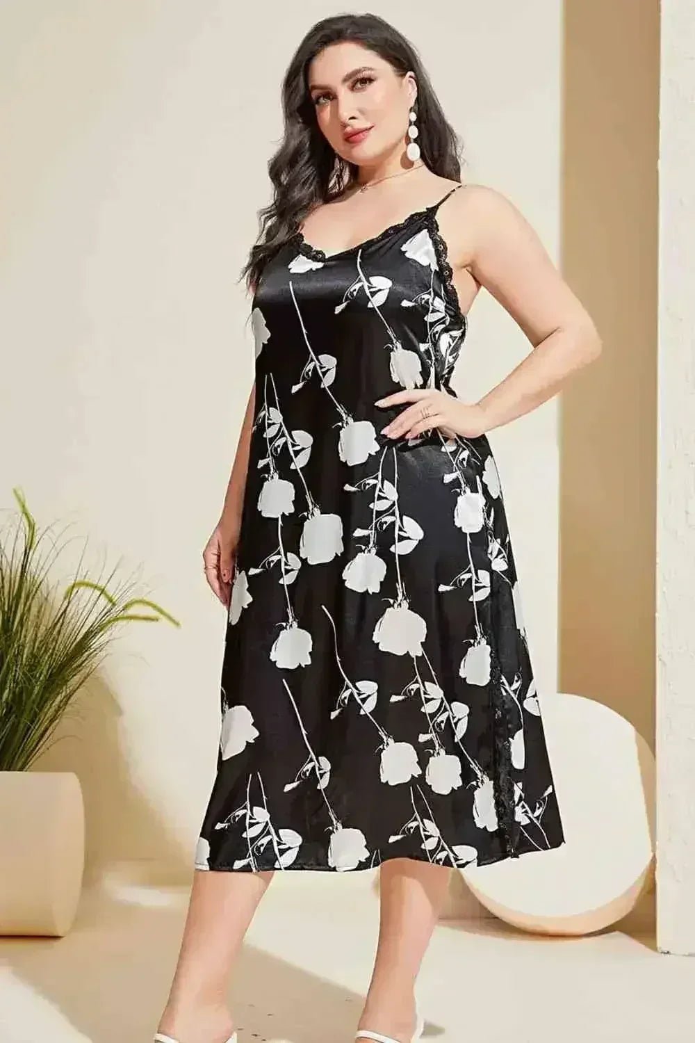 Plus Size Floral Lace Trim Side Slit Night Dress - Quarter Circle AK Boutique