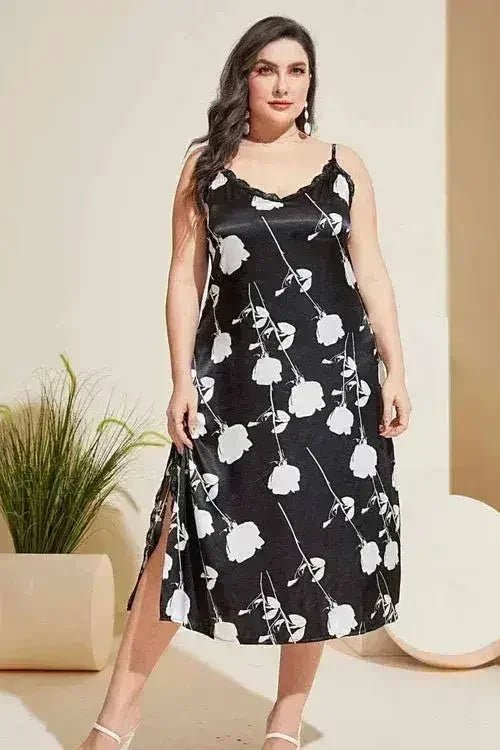 Plus Size Floral Lace Trim Side Slit Night Dress - Quarter Circle AK Boutique