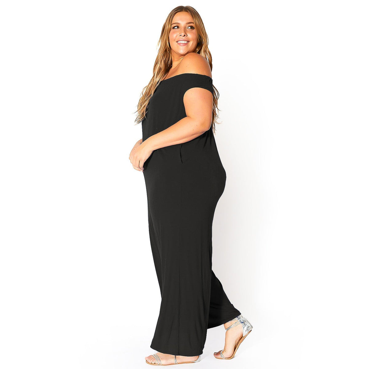 Plus Size Off-Shoulder Wide Leg Jumpsuit - Bellatrix - Quarter Circle AK Boutique