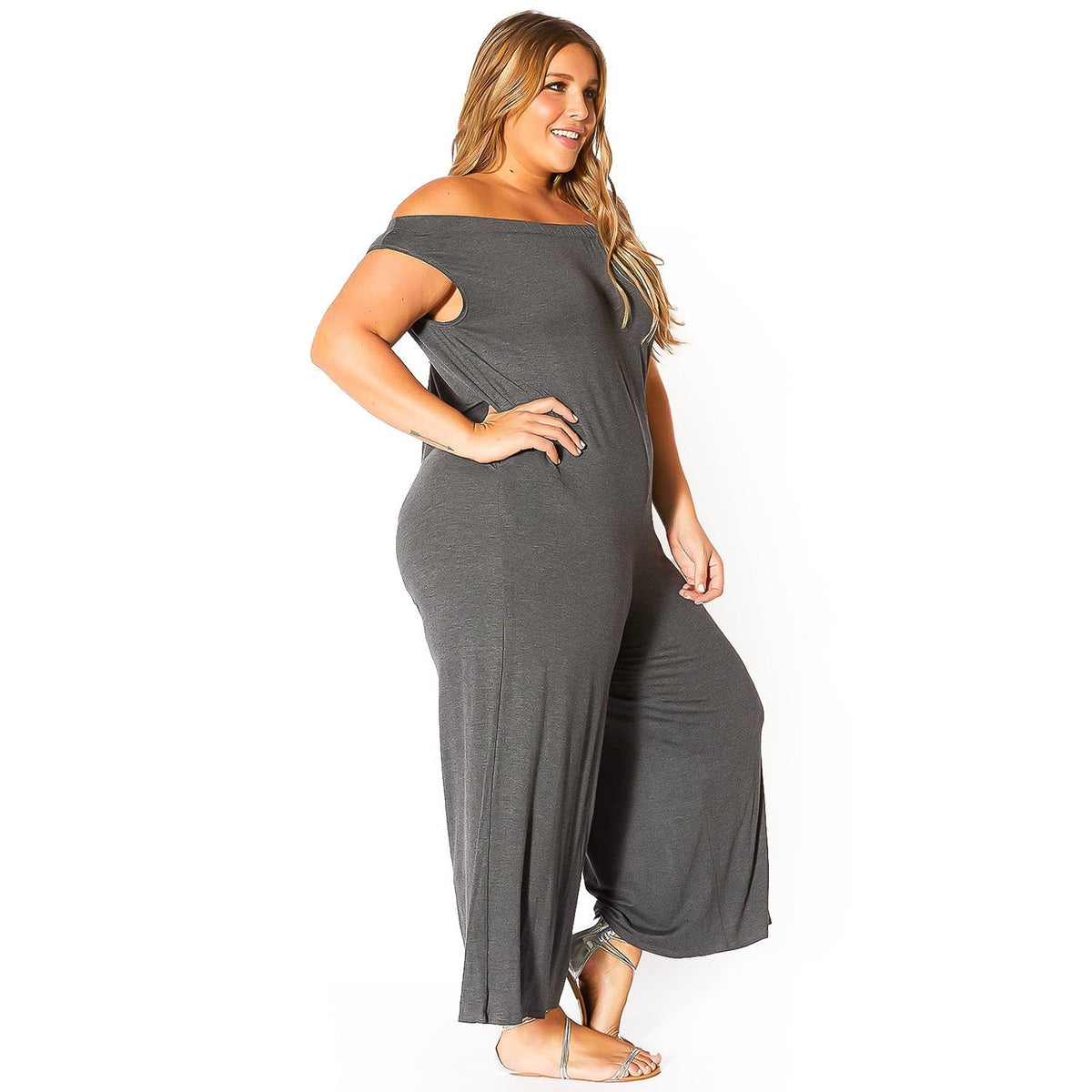 Plus Size Off-Shoulder Wide Leg Jumpsuit - Bellatrix - Quarter Circle AK Boutique