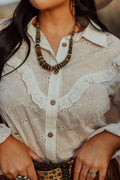 Turquoise Haven "Prairie Eyelet" Western Ruffle Blouse — Ivory Eyelet with Wooden Buttons & Flared Cuff Hem (small remains)