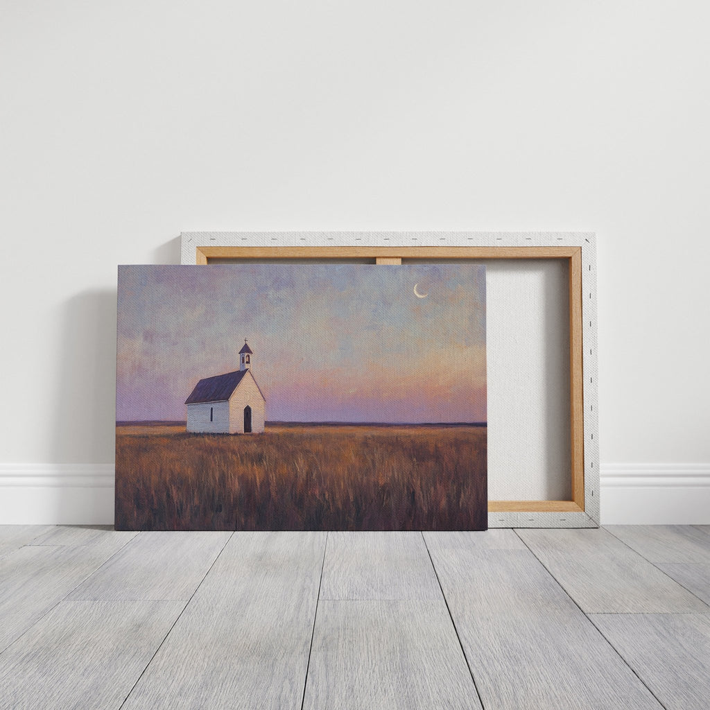 Prairie Moon Chapel Canvas – Minimalist Country Church Wall Art - Quarter Circle AK Boutique