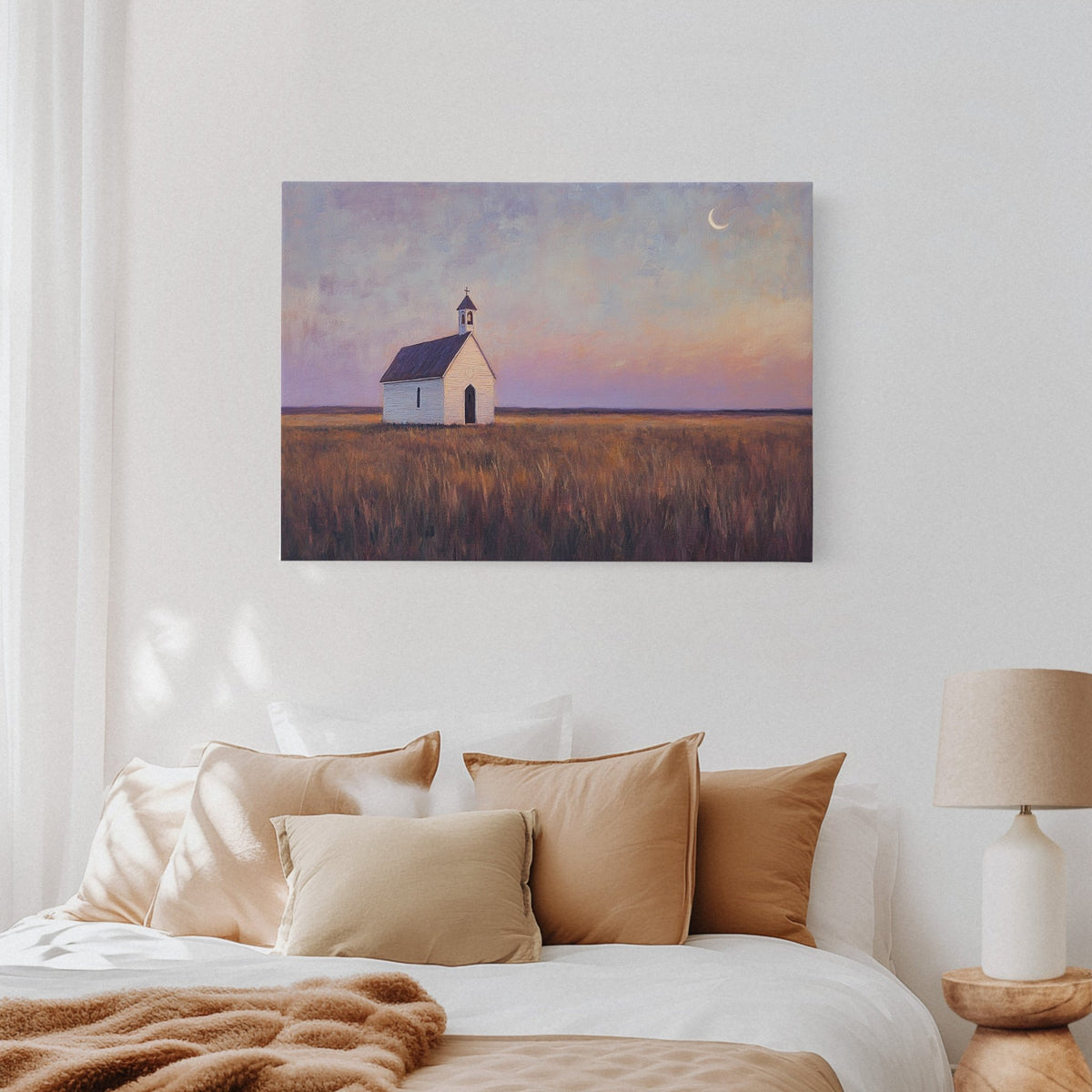 Prairie Moon Chapel Canvas – Minimalist Country Church Wall Art - Quarter Circle AK Boutique