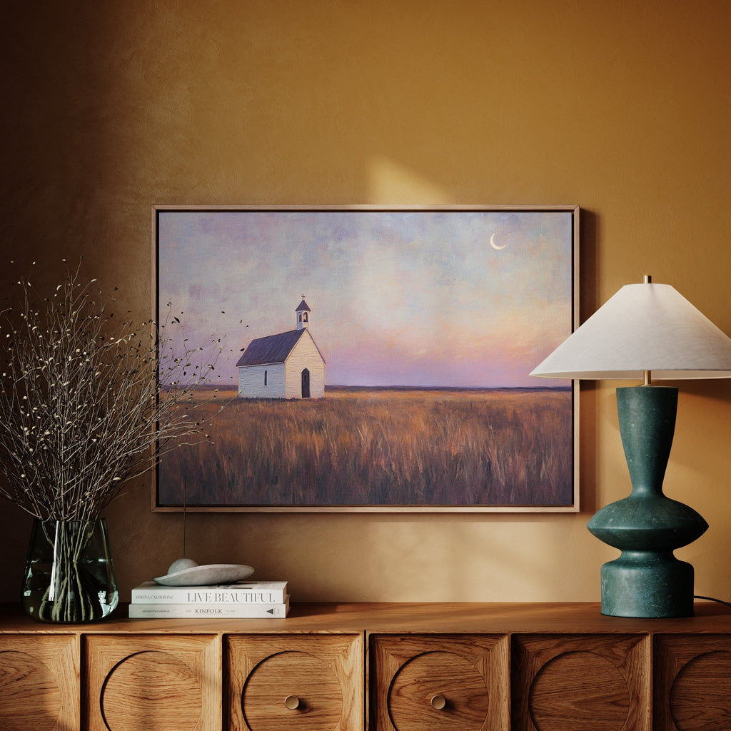 Prairie Moon Chapel Canvas – Minimalist Country Church Wall Art - Quarter Circle AK Boutique
