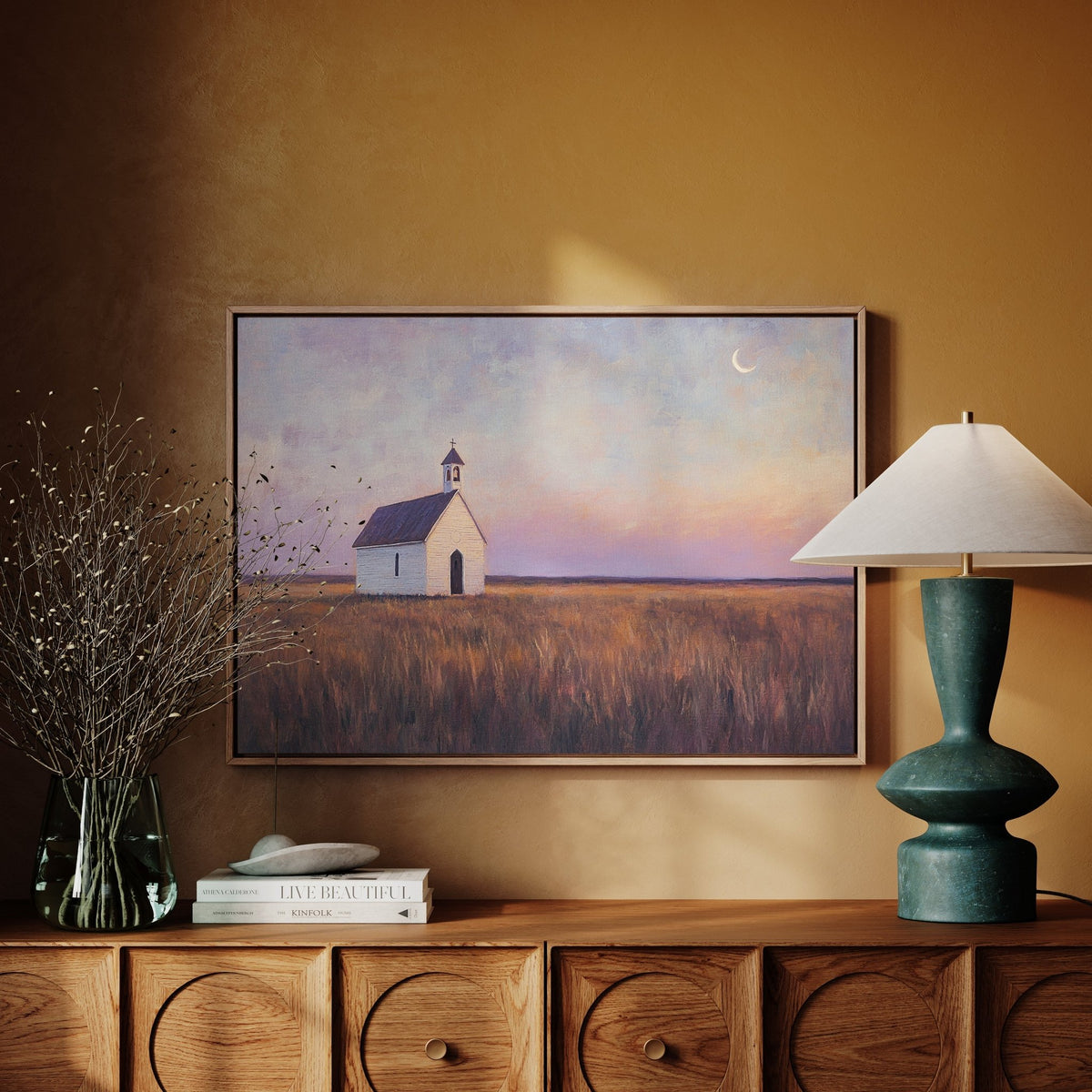 Prairie Moon Chapel Canvas – Minimalist Country Church Wall Art - Quarter Circle AK Boutique