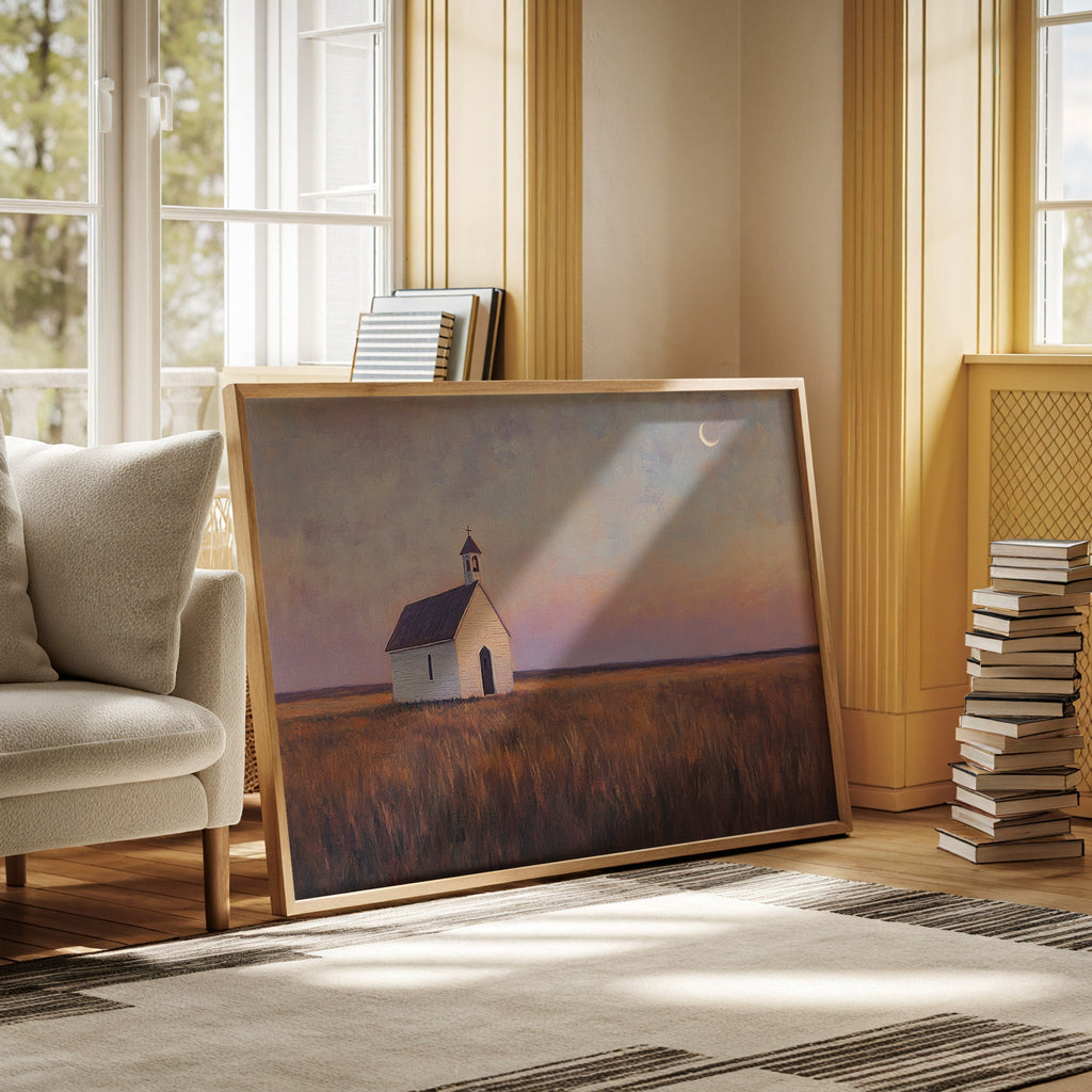 Prairie Moon Chapel Canvas – Minimalist Country Church Wall Art - Quarter Circle AK Boutique