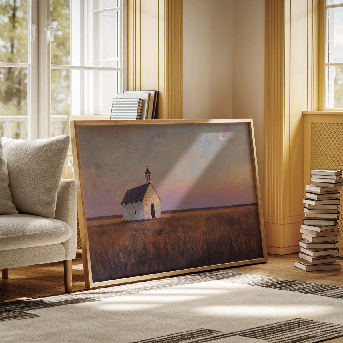 Prairie Moon Chapel Canvas – Minimalist Country Church Wall Art - Quarter Circle AK Boutique