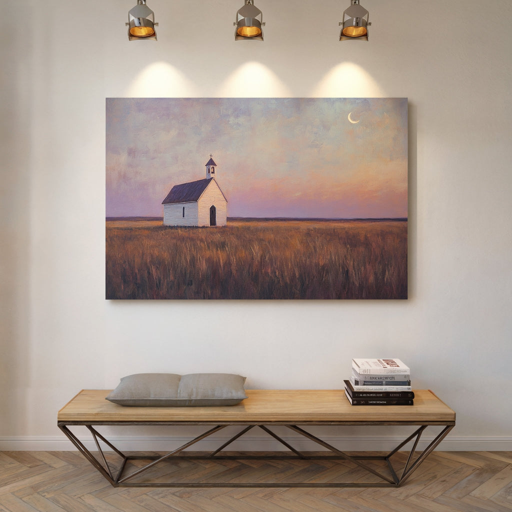 Prairie Moon Chapel Canvas – Minimalist Country Church Wall Art - Quarter Circle AK Boutique