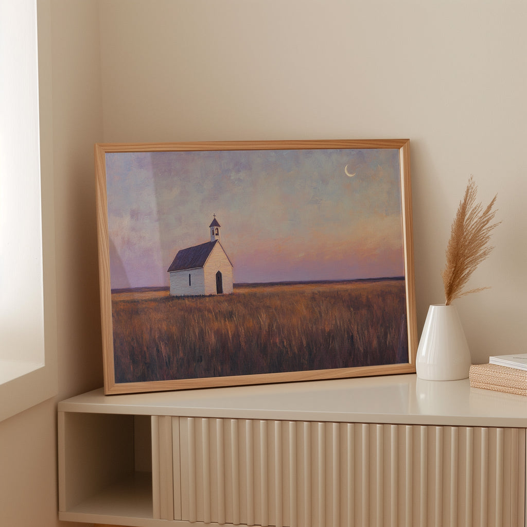 Prairie Moon Chapel Canvas – Minimalist Country Church Wall Art - Quarter Circle AK Boutique