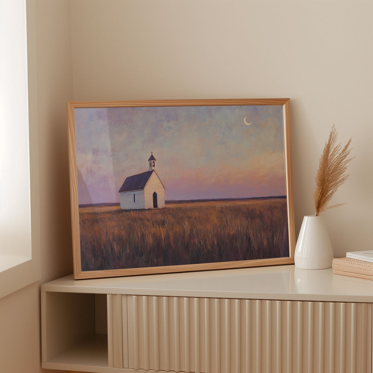 Prairie Moon Chapel Canvas – Minimalist Country Church Wall Art - Quarter Circle AK Boutique