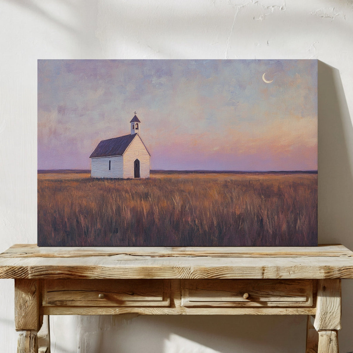 Prairie Moon Chapel Canvas – Minimalist Country Church Wall Art - Quarter Circle AK Boutique