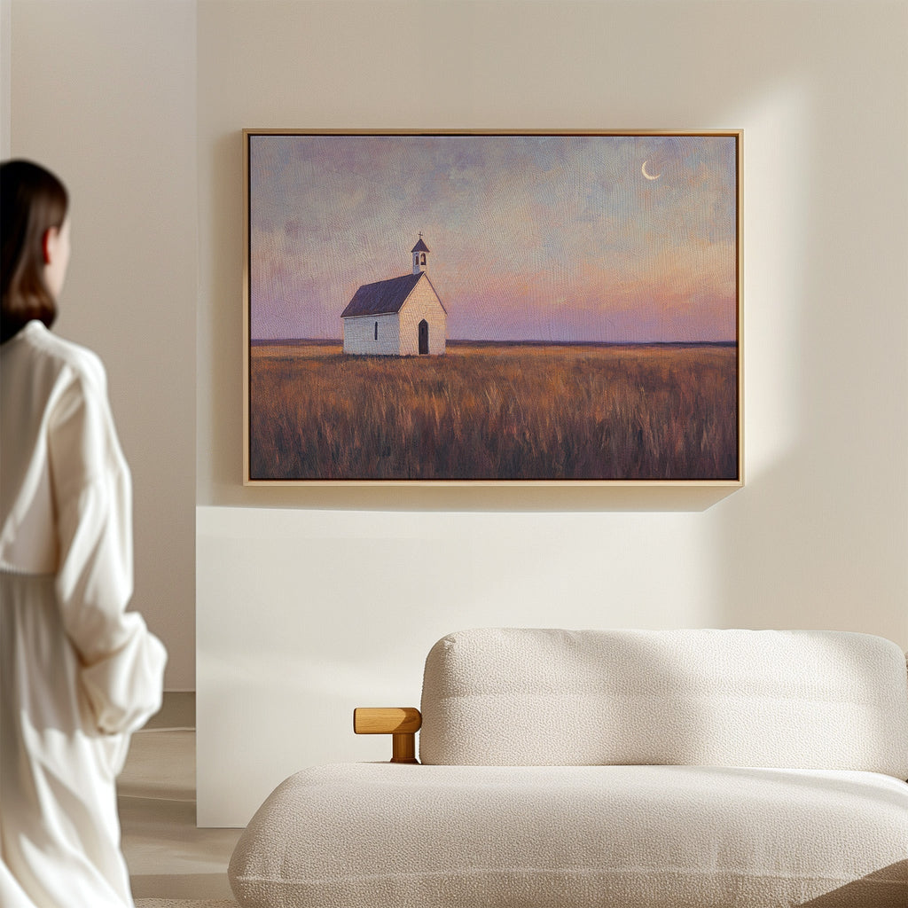 Prairie Moon Chapel Canvas – Minimalist Country Church Wall Art - Quarter Circle AK Boutique