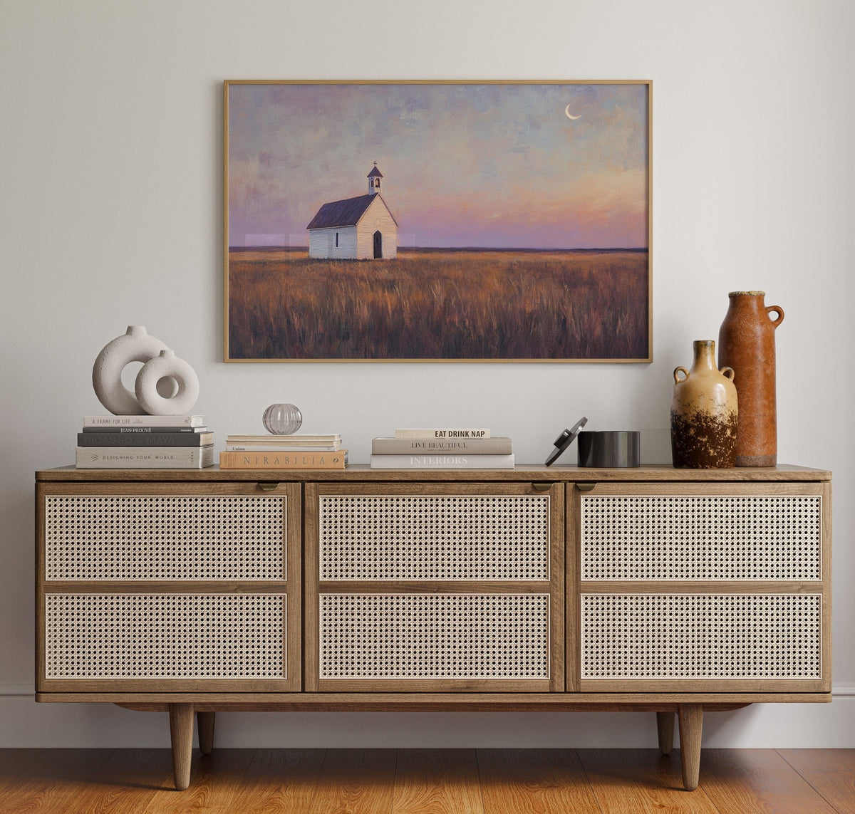 Prairie Moon Chapel Canvas – Minimalist Country Church Wall Art - Quarter Circle AK Boutique