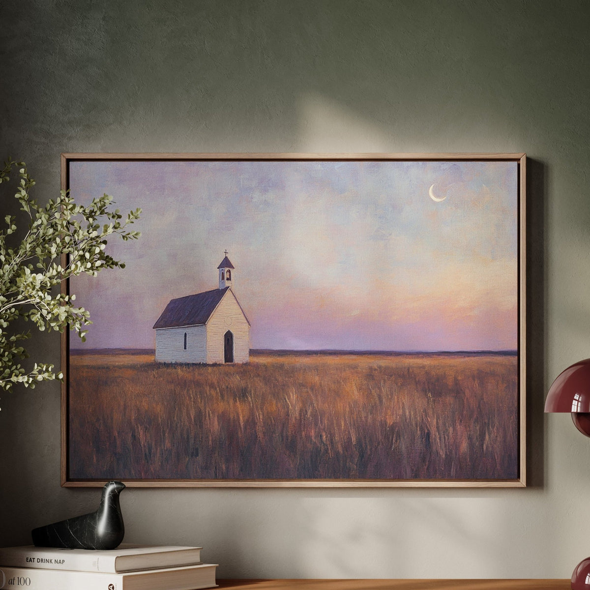 Prairie Moon Chapel Canvas – Minimalist Country Church Wall Art - Quarter Circle AK Boutique