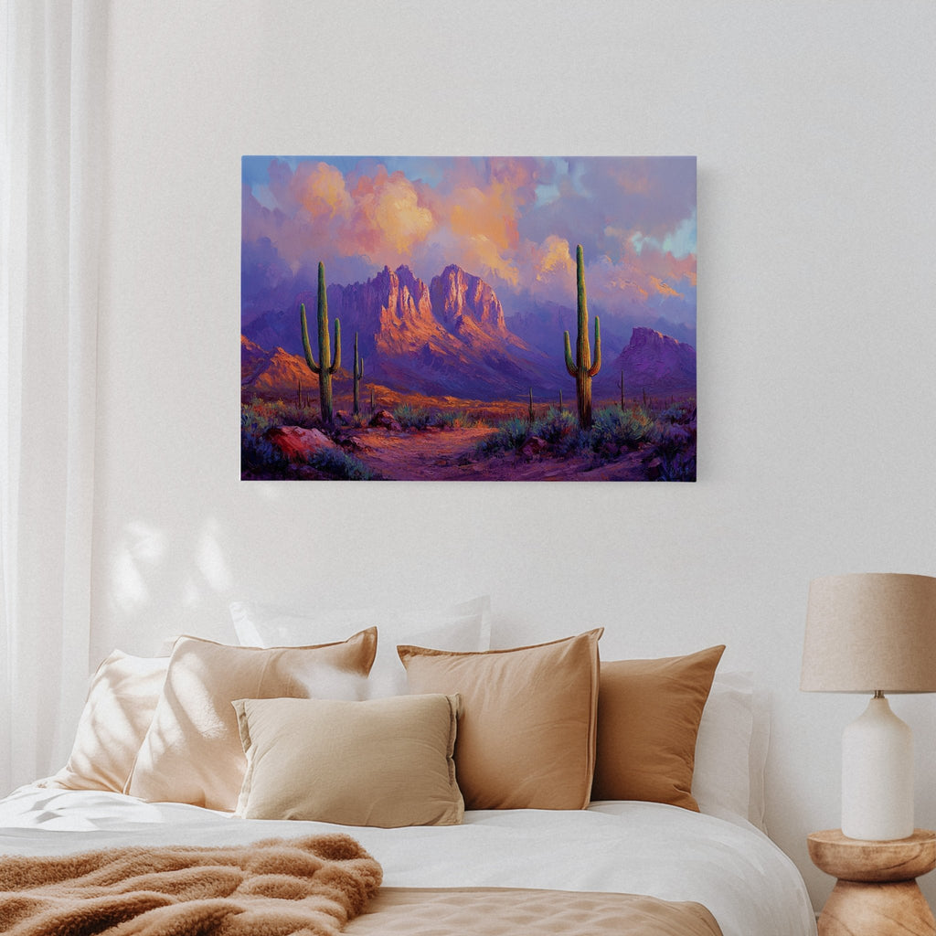 Purple Desert Sunset Canvas – Southwest Cactus Wall Art - Quarter Circle AK Boutique