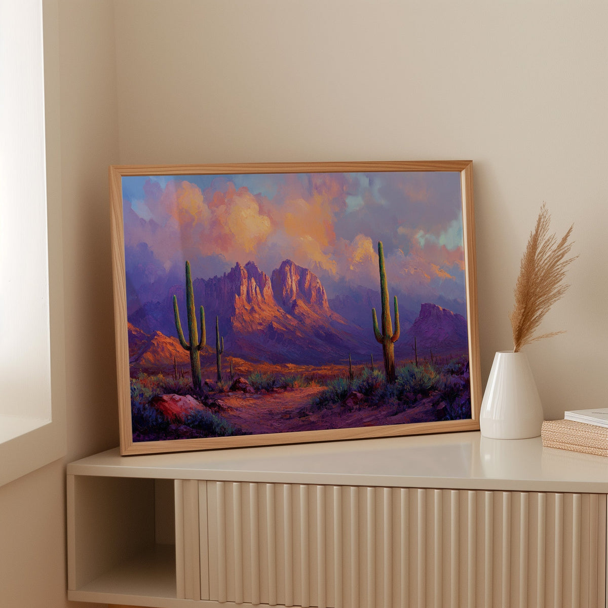 Purple Desert Sunset Canvas – Southwest Cactus Wall Art - Quarter Circle AK Boutique
