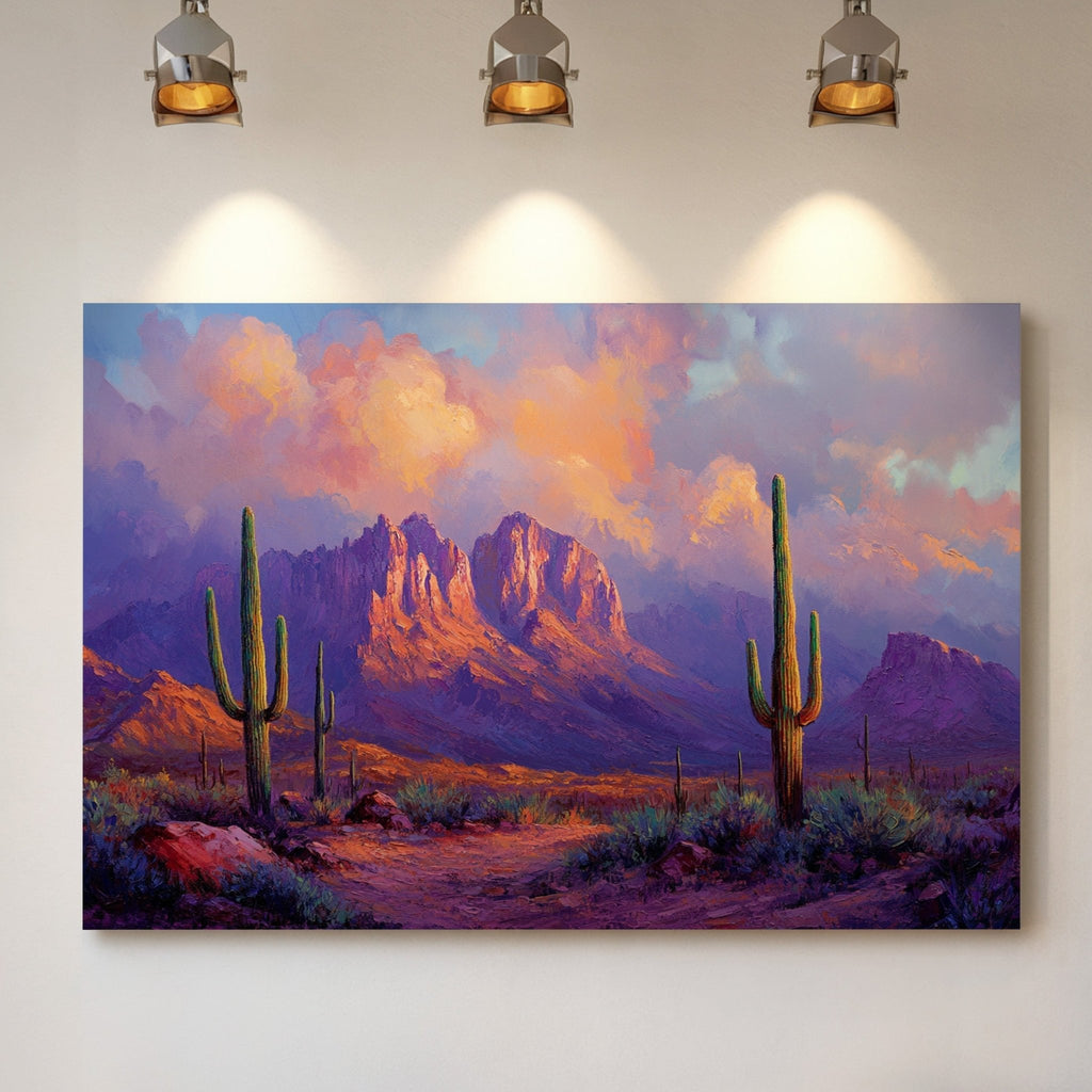 Purple Desert Sunset Canvas – Southwest Cactus Wall Art - Quarter Circle AK Boutique
