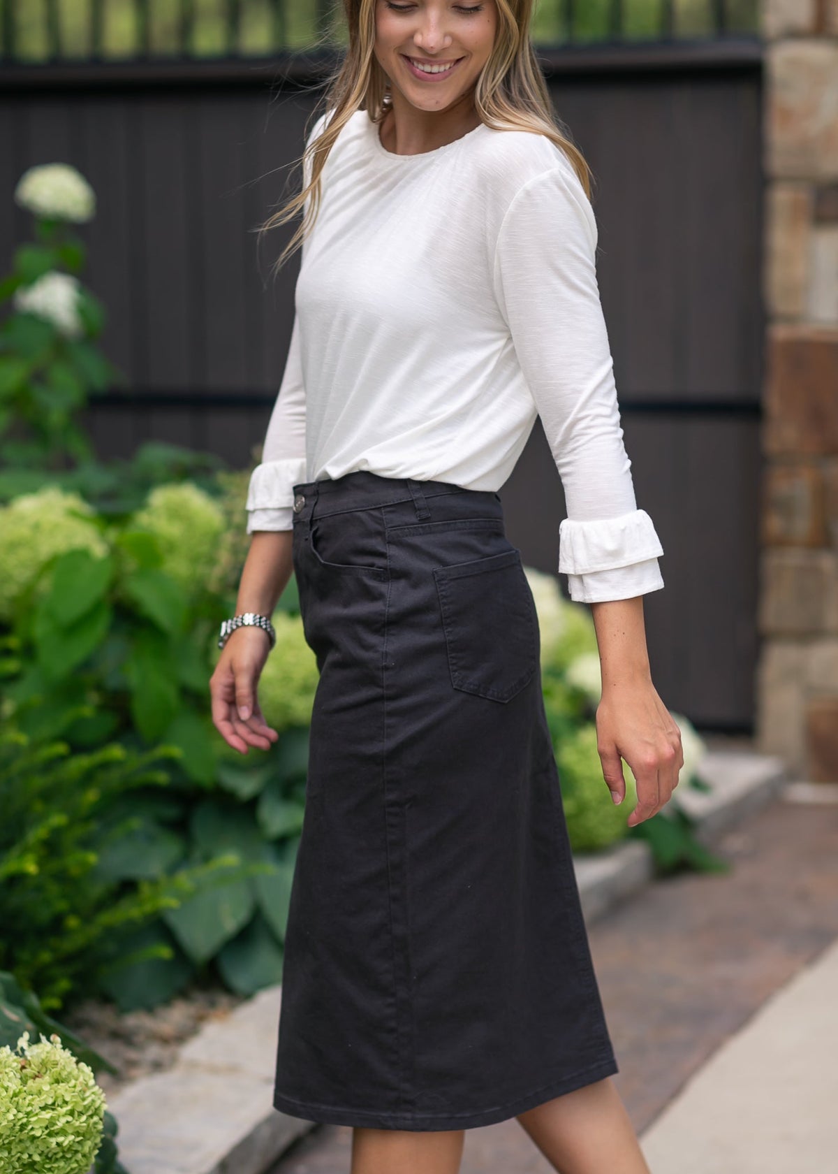 Remi Onyx Black Denim Midi Skirt - Quarter Circle AK Boutique