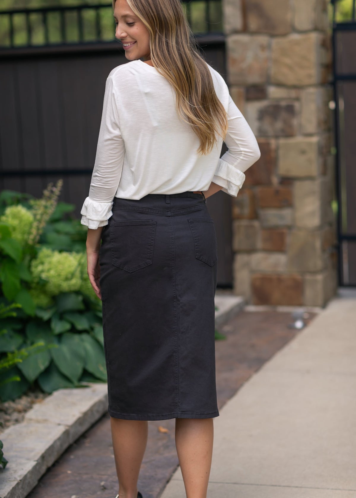 Remi Onyx Black Denim Midi Skirt - Quarter Circle AK Boutique