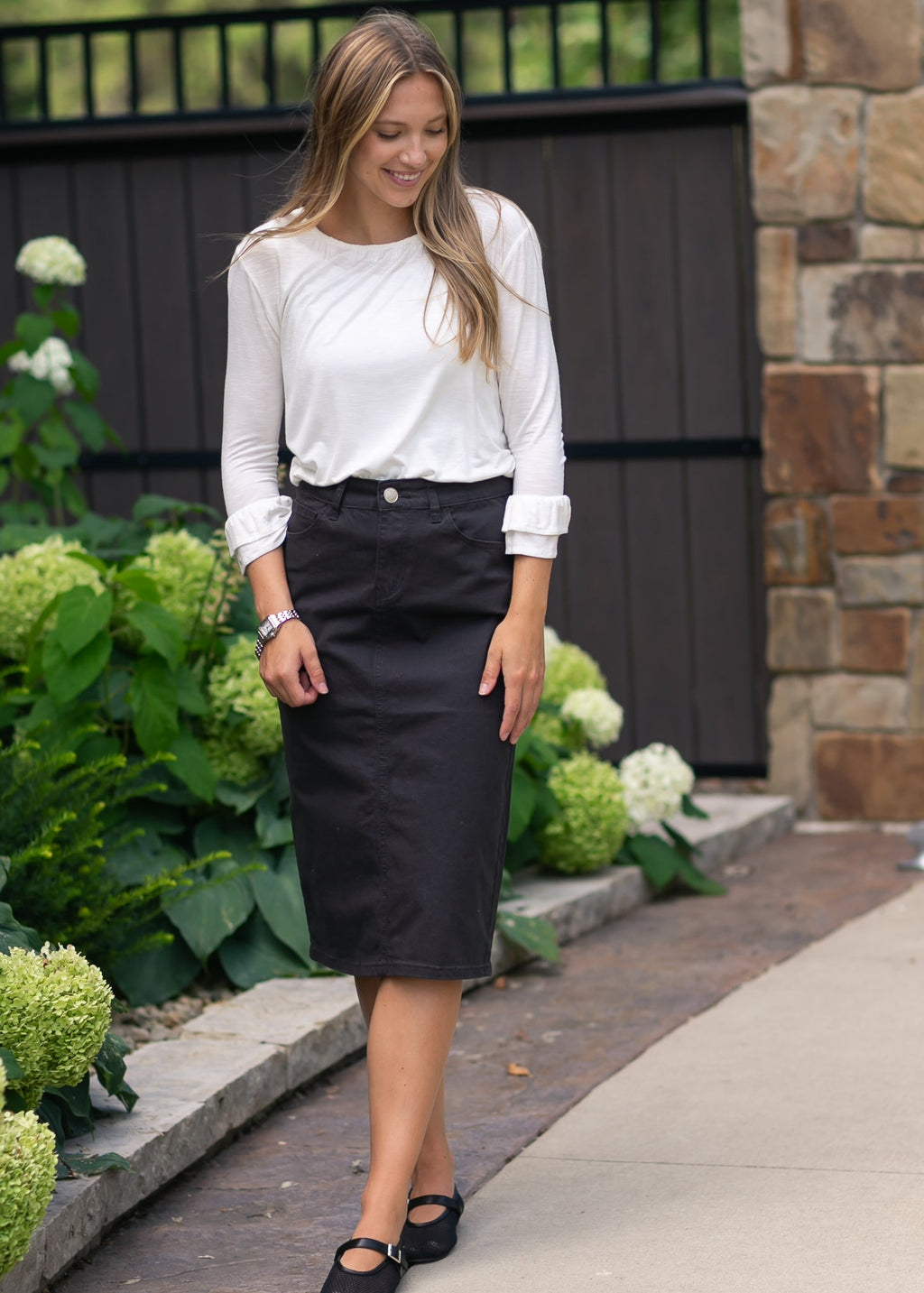 Remi Onyx Black Denim Midi Skirt - Quarter Circle AK Boutique