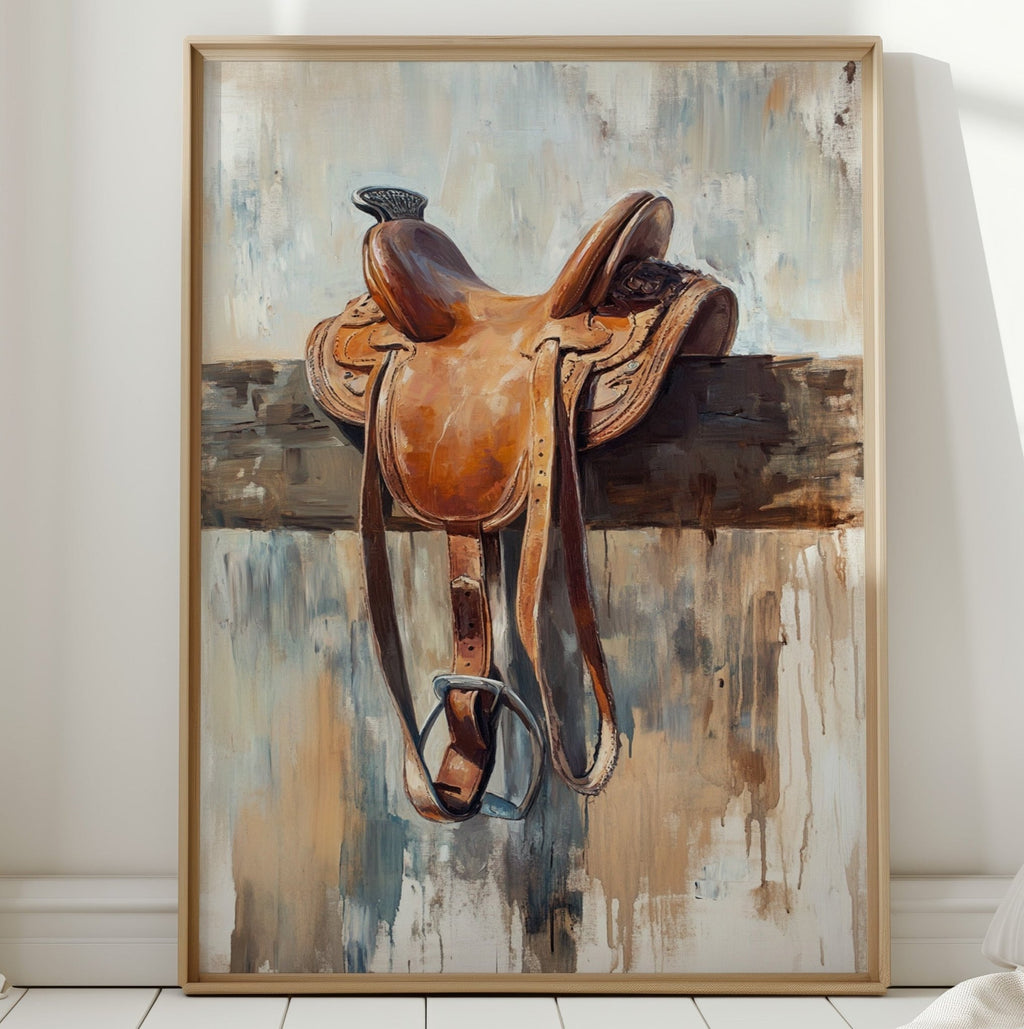 Resting Leather – Western Saddle on Fence Painting - Quarter Circle AK Boutique