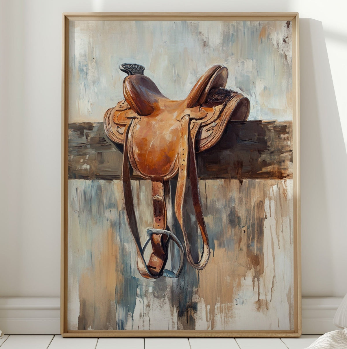 Resting Leather – Western Saddle on Fence Painting - Quarter Circle AK Boutique