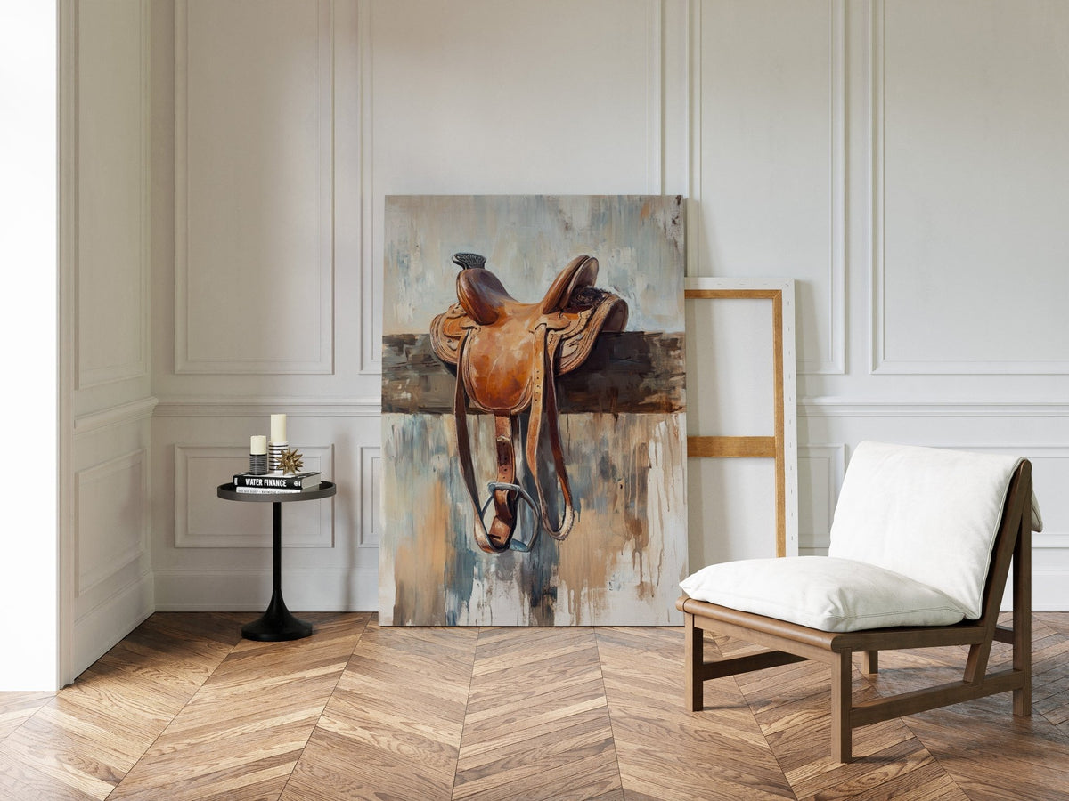 Resting Leather – Western Saddle on Fence Painting - Quarter Circle AK Boutique