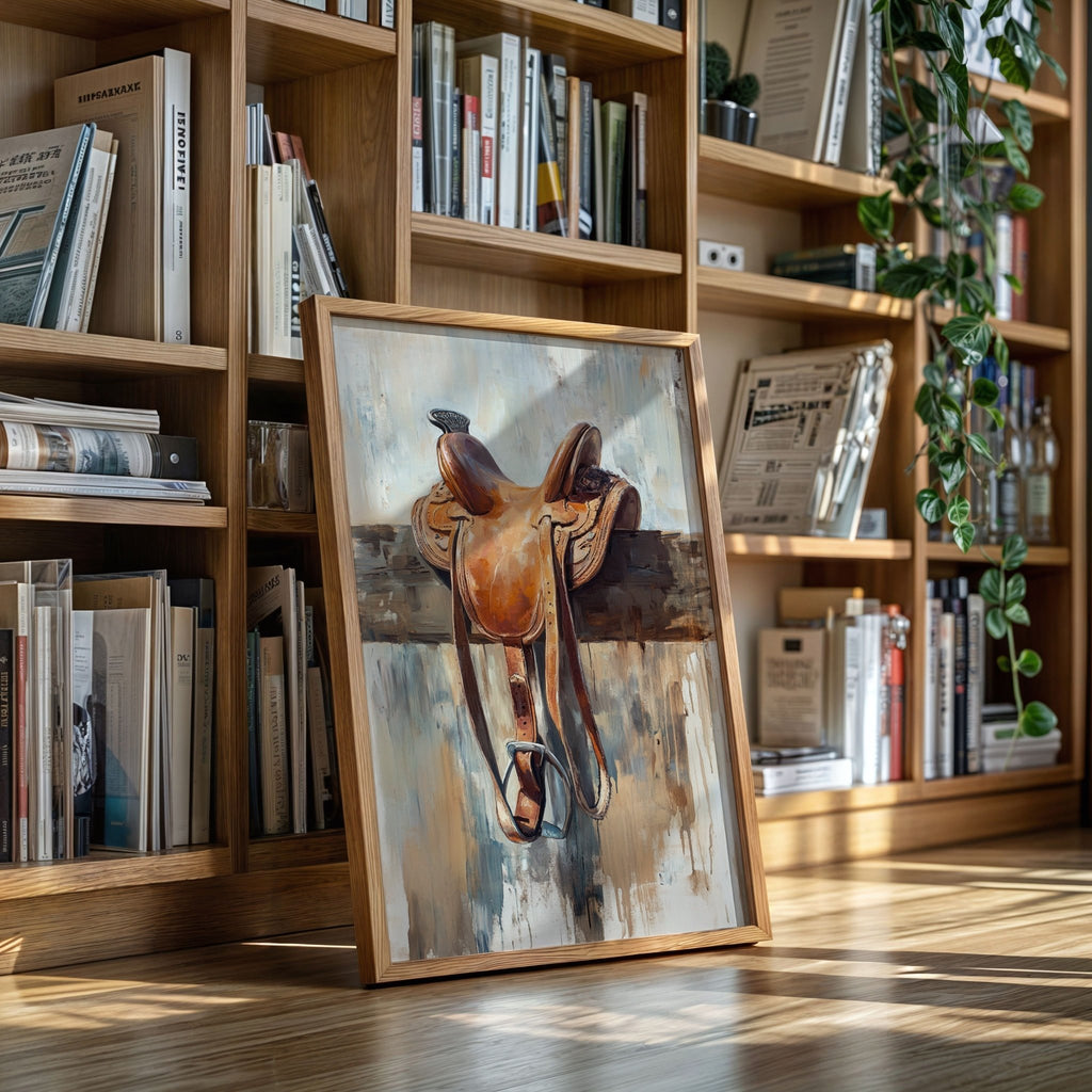 Resting Leather – Western Saddle on Fence Painting - Quarter Circle AK Boutique