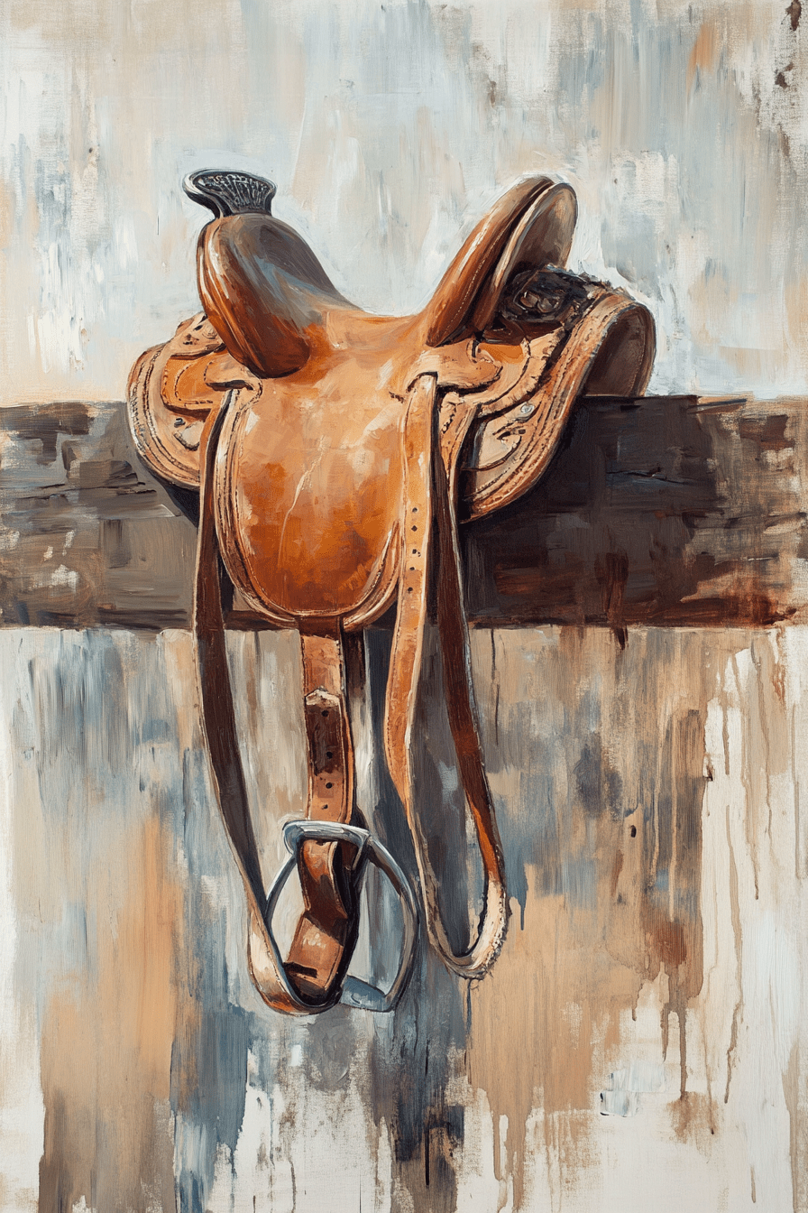 Resting Leather – Western Saddle on Fence Painting - Quarter Circle AK Boutique