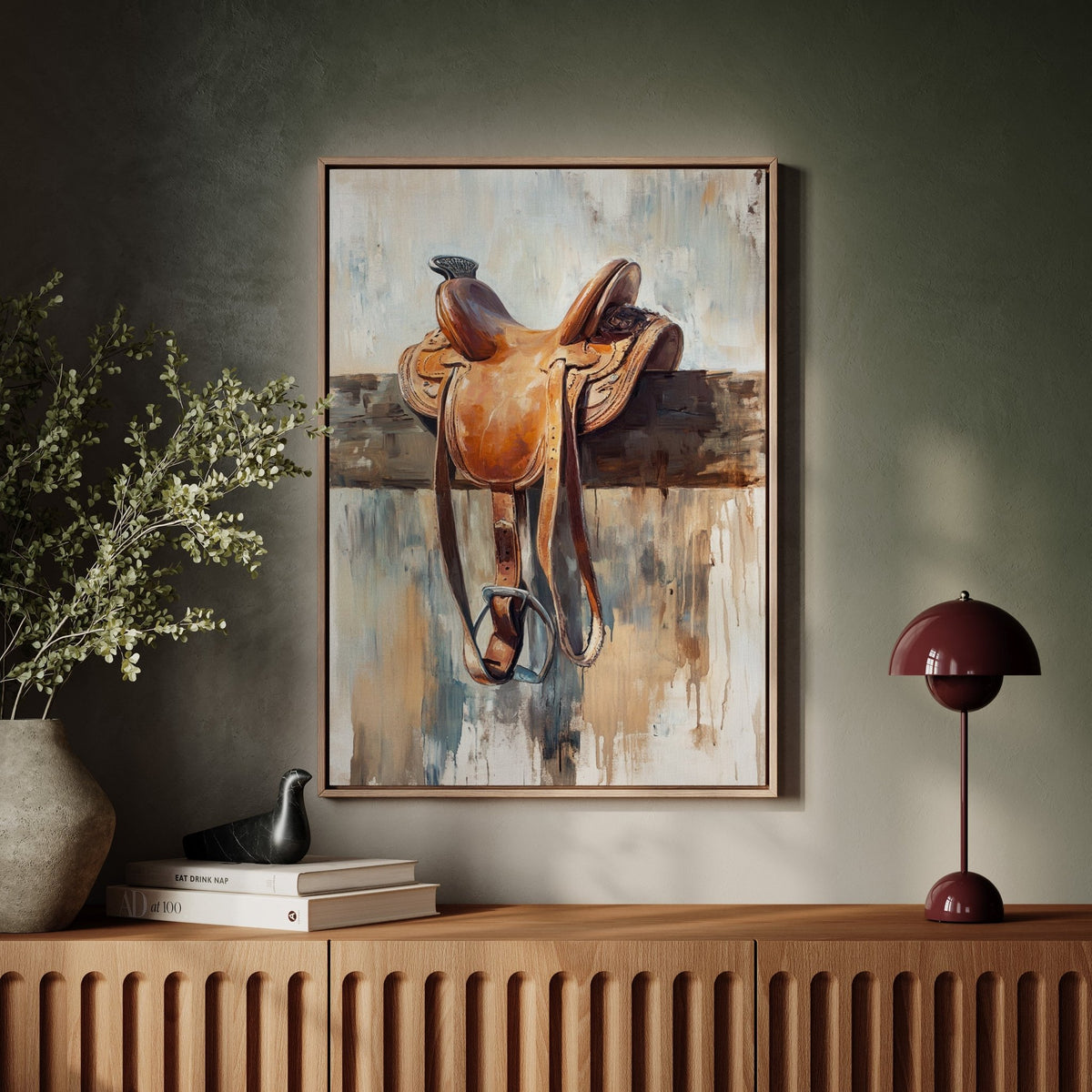 Resting Leather – Western Saddle on Fence Painting - Quarter Circle AK Boutique