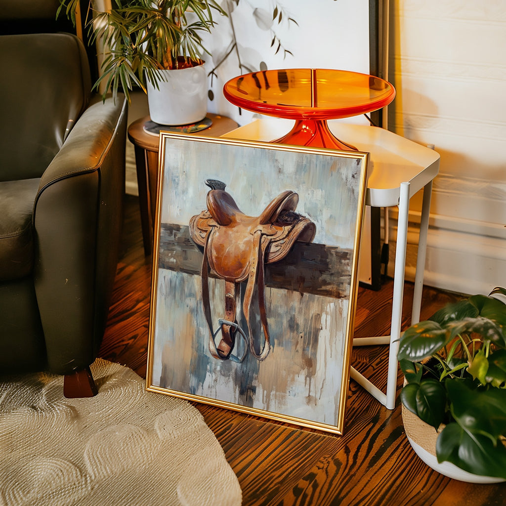 Resting Leather – Western Saddle on Fence Painting - Quarter Circle AK Boutique