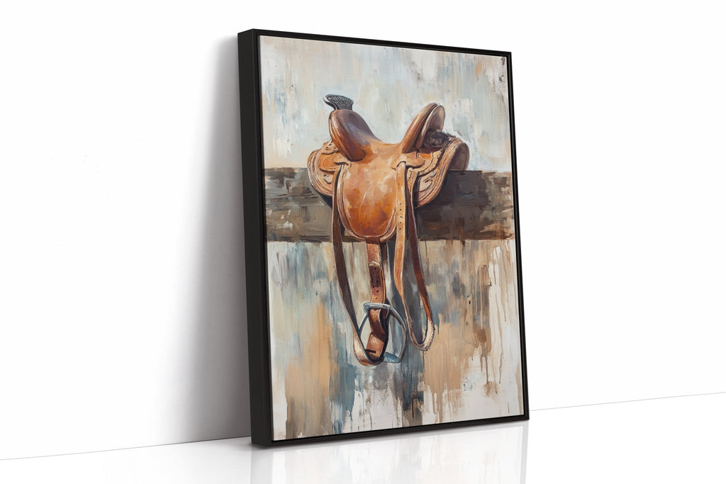 Resting Leather – Western Saddle on Fence Painting - Quarter Circle AK Boutique